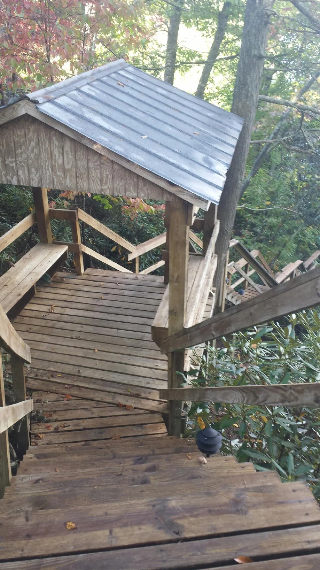 Metal roofed shelter over wooden steps on a wooded walkway — Skylight Repair & Installation work by our crew in Nicholls